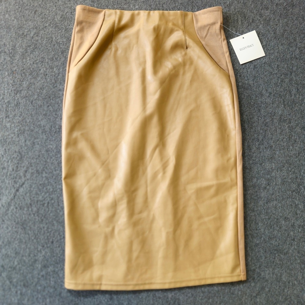 NEW Ellen Tracy Faux Leather Midi Skirt XS Elastic‎ Waist Work Siren Rachel Zane